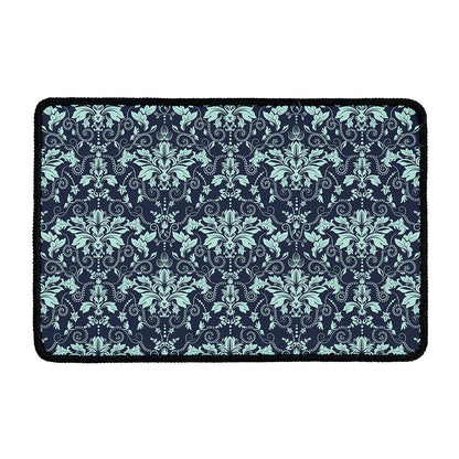 Blue And Teal Damask Pattern Print Kitchen Mat