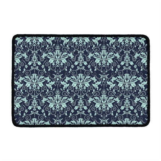 Blue And Teal Damask Pattern Print Kitchen Mat