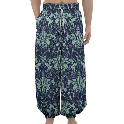 Blue And Teal Damask Pattern Print Lantern Pants