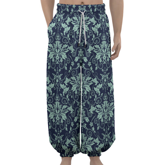 Blue And Teal Damask Pattern Print Lantern Pants
