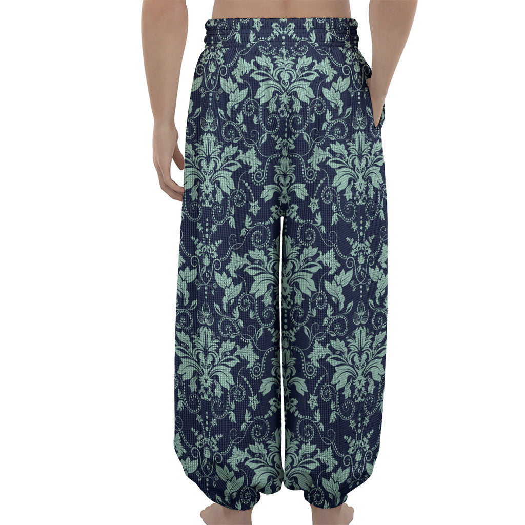 Blue And Teal Damask Pattern Print Lantern Pants