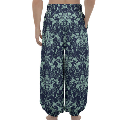 Blue And Teal Damask Pattern Print Lantern Pants