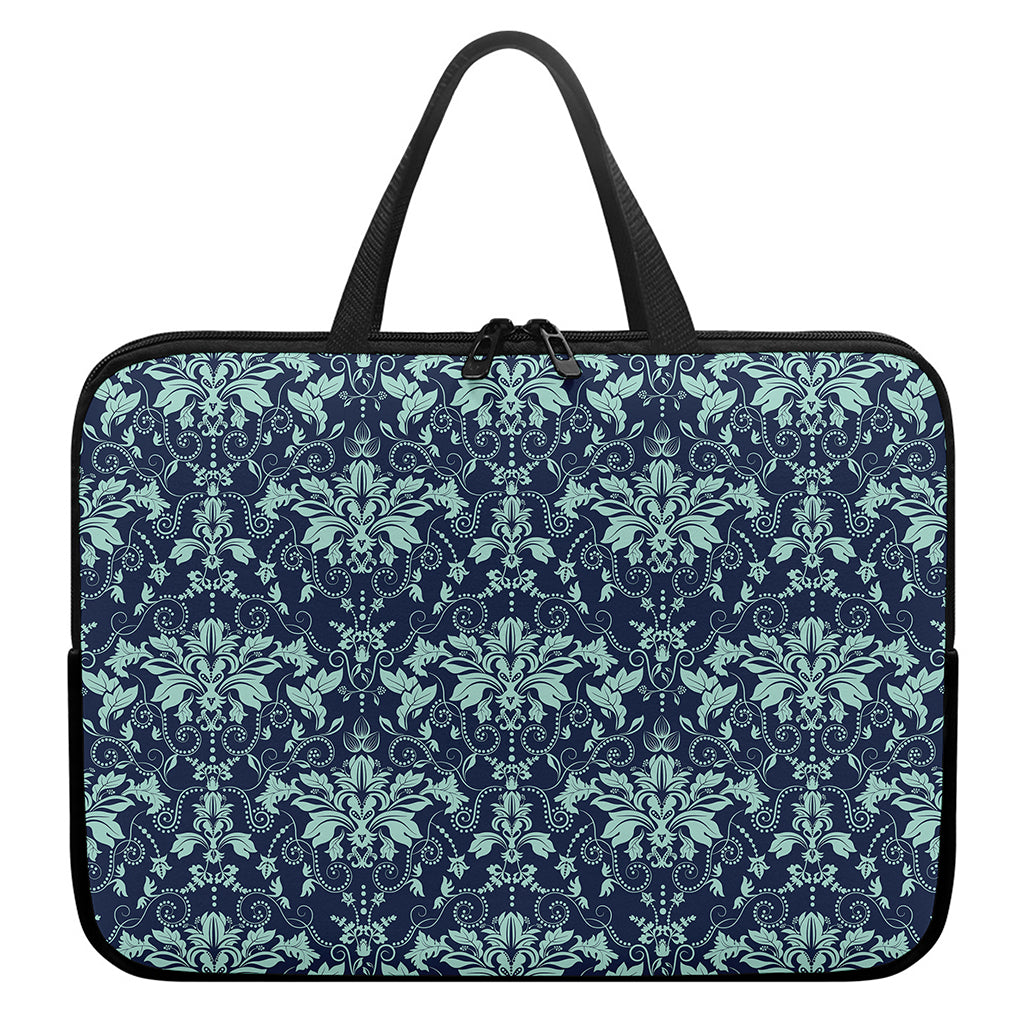 Blue And Teal Damask Pattern Print Laptop Sleeve With Handle