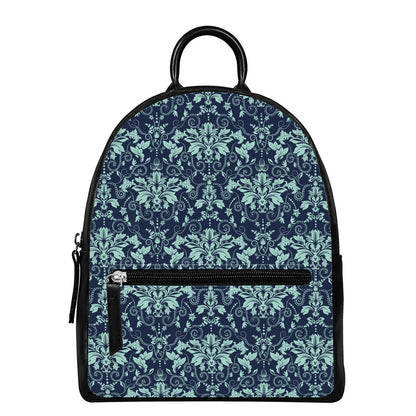 Blue And Teal Damask Pattern Print Leather Backpack