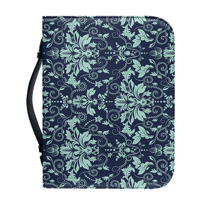 Blue And Teal Damask Pattern Print Leather Bible Cover