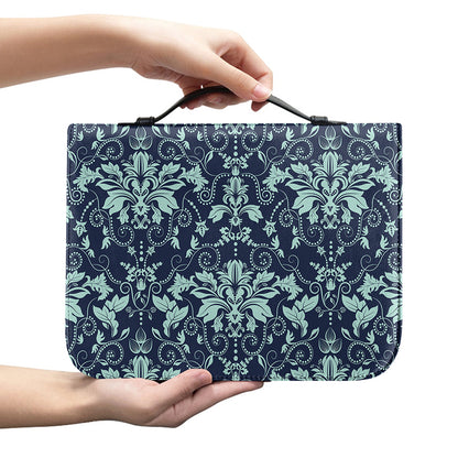Blue And Teal Damask Pattern Print Leather Bible Cover