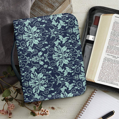Blue And Teal Damask Pattern Print Leather Bible Cover