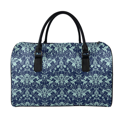 Blue And Teal Damask Pattern Print Leather Duffle Bag
