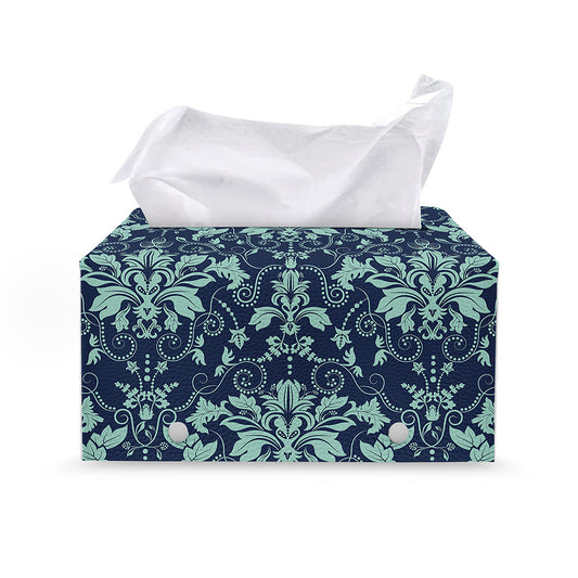 Blue And Teal Damask Pattern Print Leather Tissue Box Cover