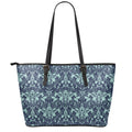 Blue And Teal Damask Pattern Print Leather Tote Bag With Zipper