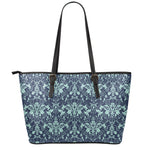 Blue And Teal Damask Pattern Print Leather Tote Bag