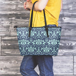 Blue And Teal Damask Pattern Print Leather Tote Bag