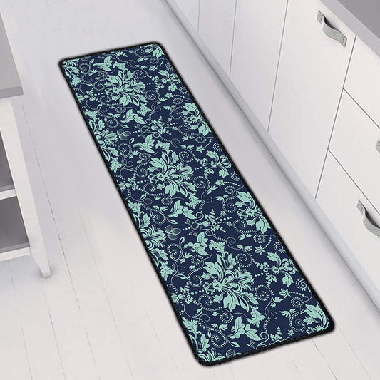 Blue And Teal Damask Pattern Print Long Kitchen Mat