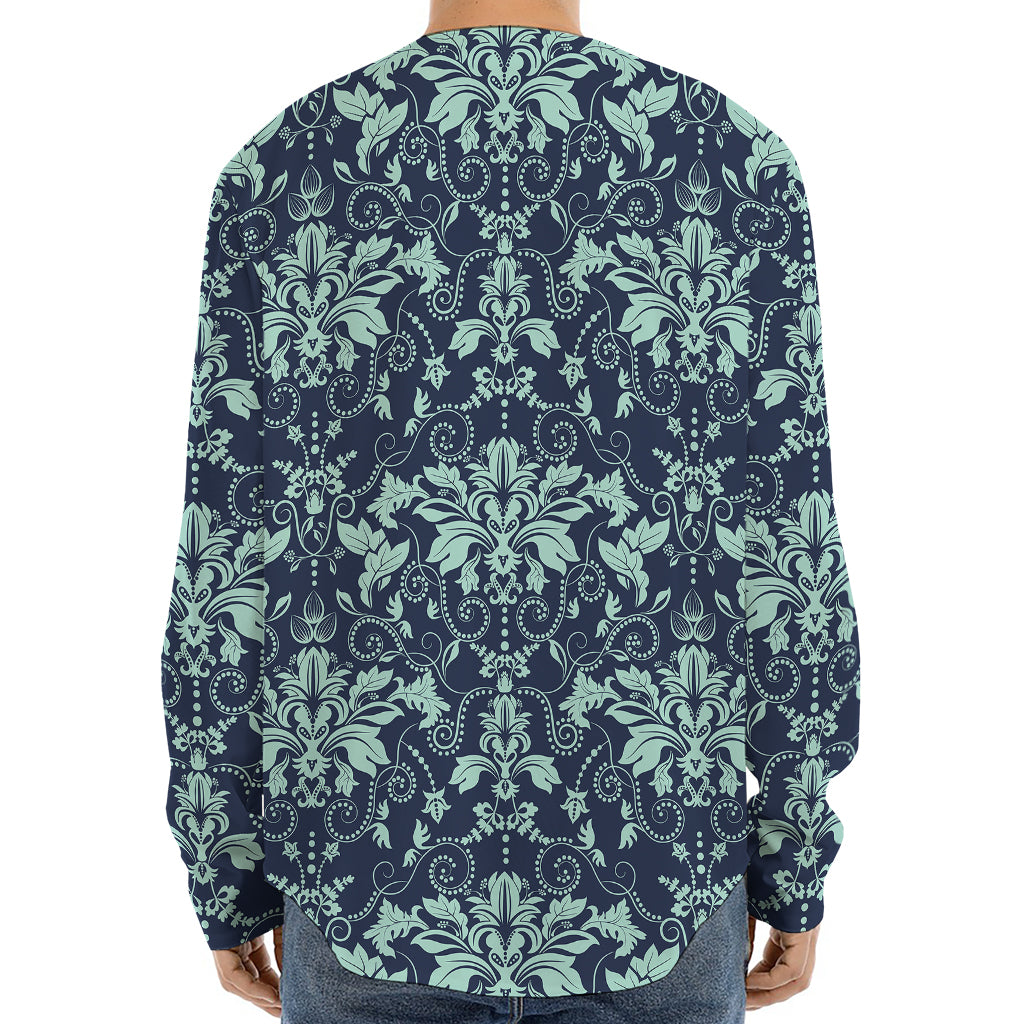 Blue And Teal Damask Pattern Print Long Sleeve Baseball Jersey