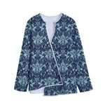 Blue And Teal Damask Pattern Print Long Sleeve Short Coat