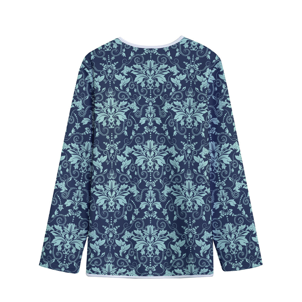 Blue And Teal Damask Pattern Print Long Sleeve Short Coat