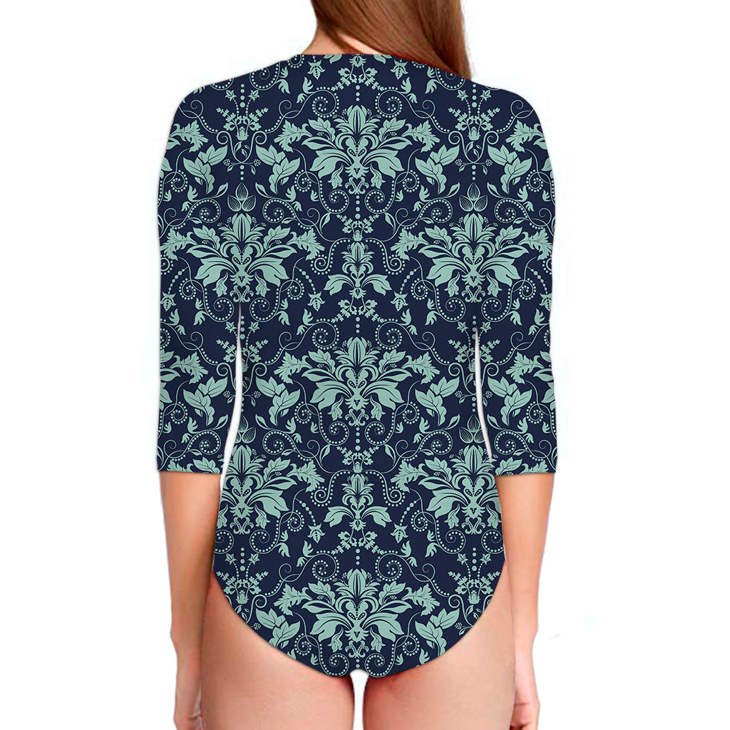 Blue And Teal Damask Pattern Print Long Sleeve Swimsuit