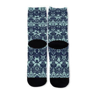 Blue And Teal Damask Pattern Print Long Socks