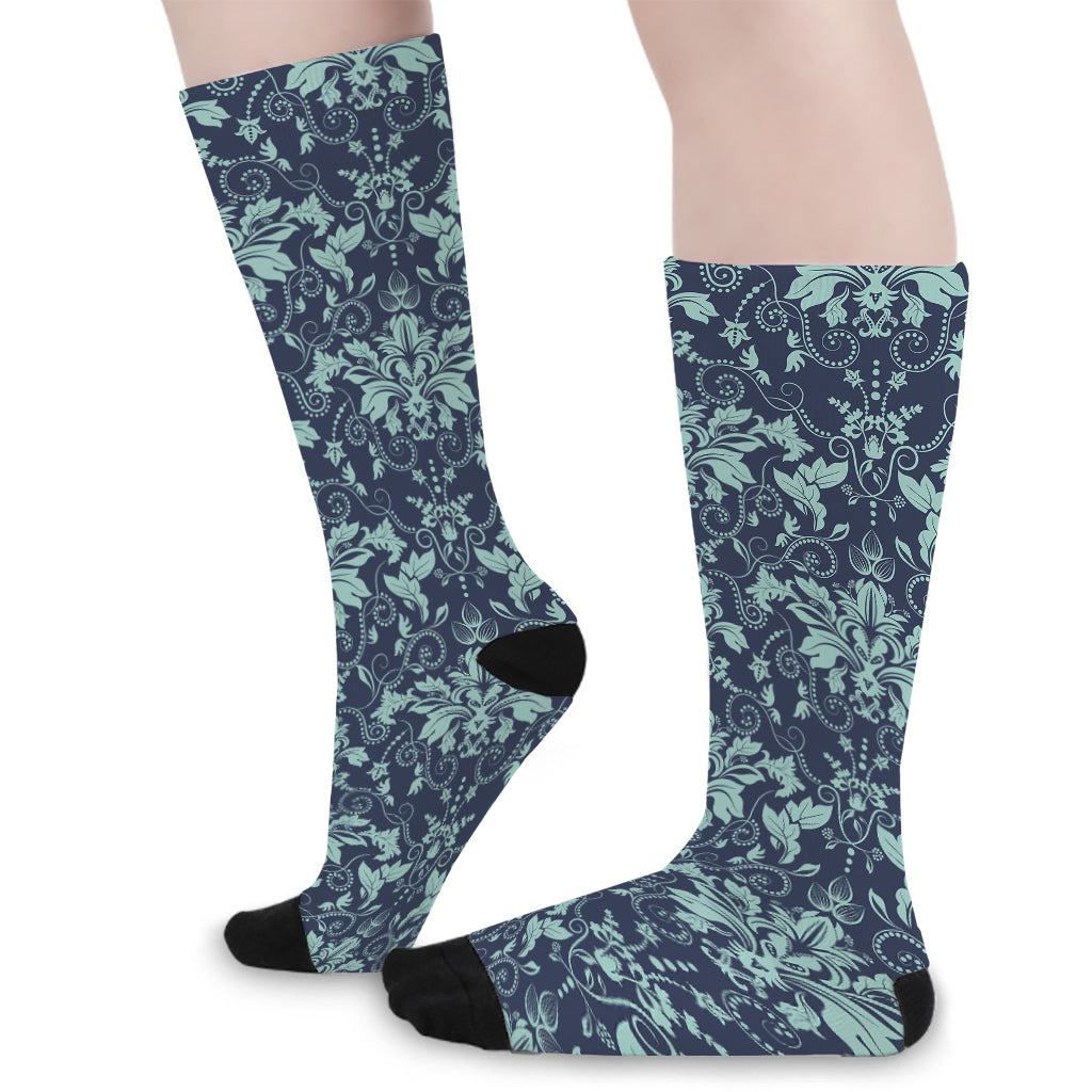 Blue And Teal Damask Pattern Print Long Socks