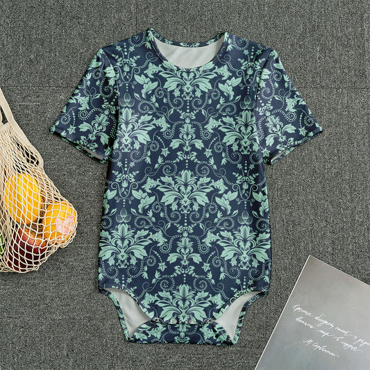 Blue And Teal Damask Pattern Print Men's Bodysuit
