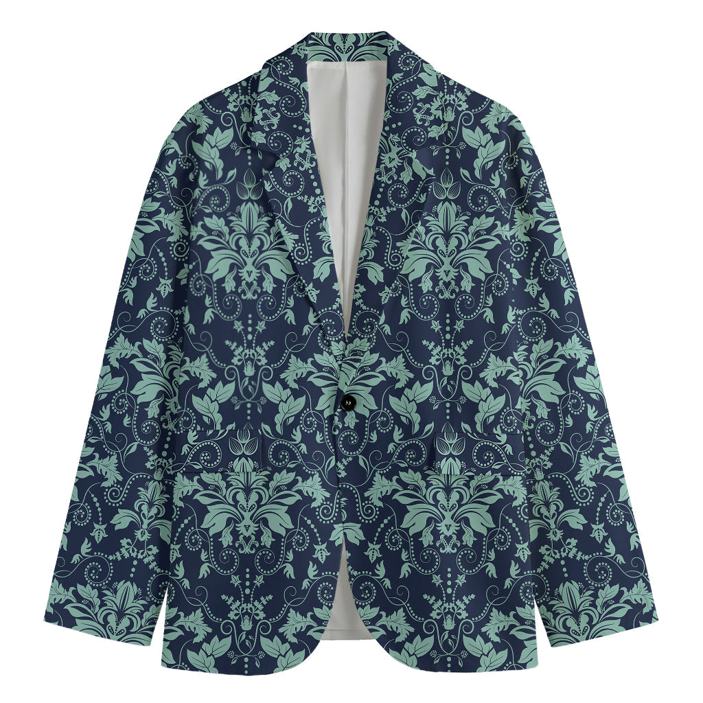 Blue And Teal Damask Pattern Print Men's Cotton Blazer