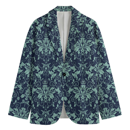 Blue And Teal Damask Pattern Print Men's Cotton Blazer