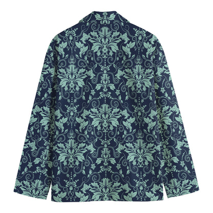 Blue And Teal Damask Pattern Print Men's Cotton Blazer