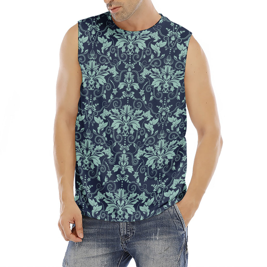 Blue And Teal Damask Pattern Print Men's Fitness Tank Top