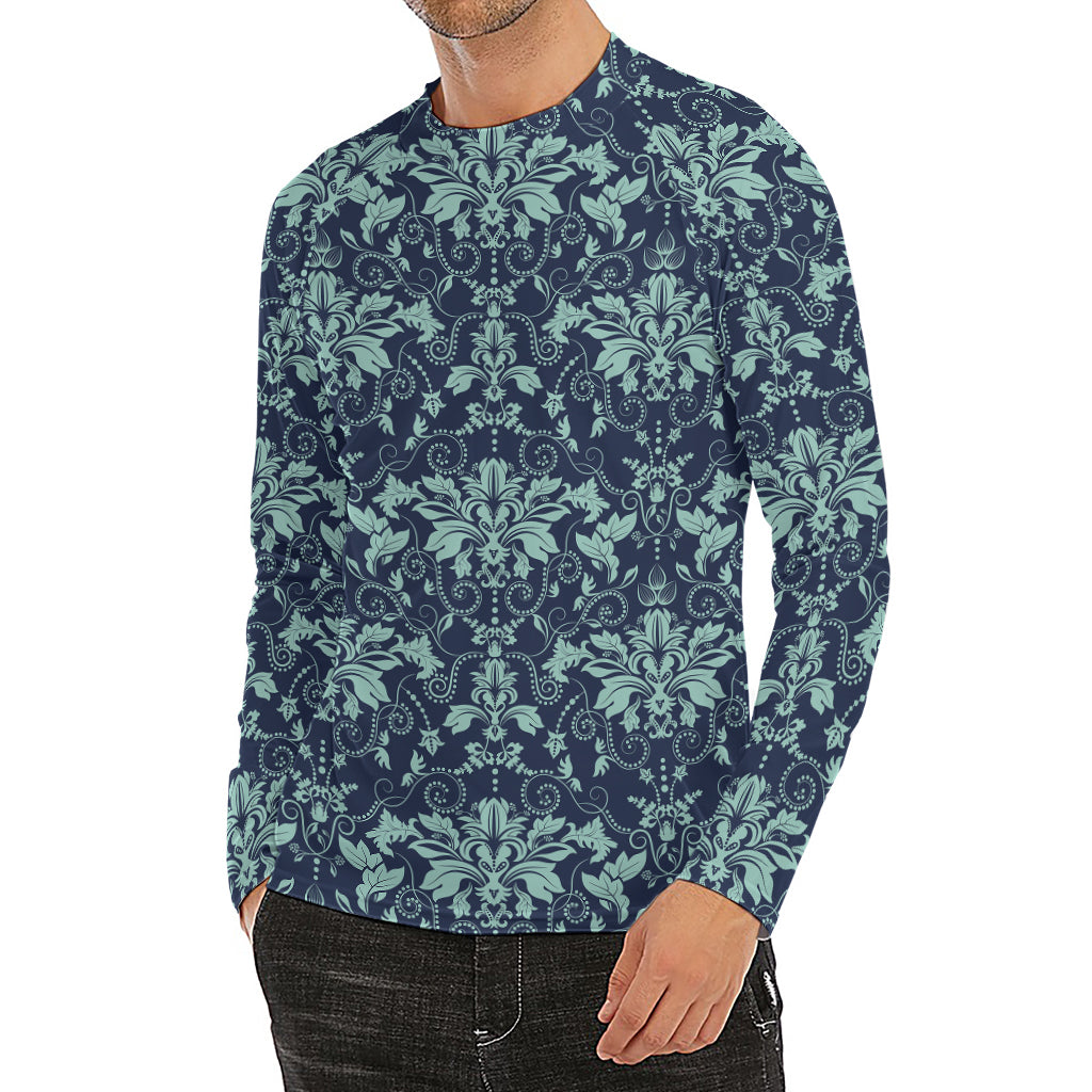 Blue And Teal Damask Pattern Print Men's Long Sleeve Rash Guard