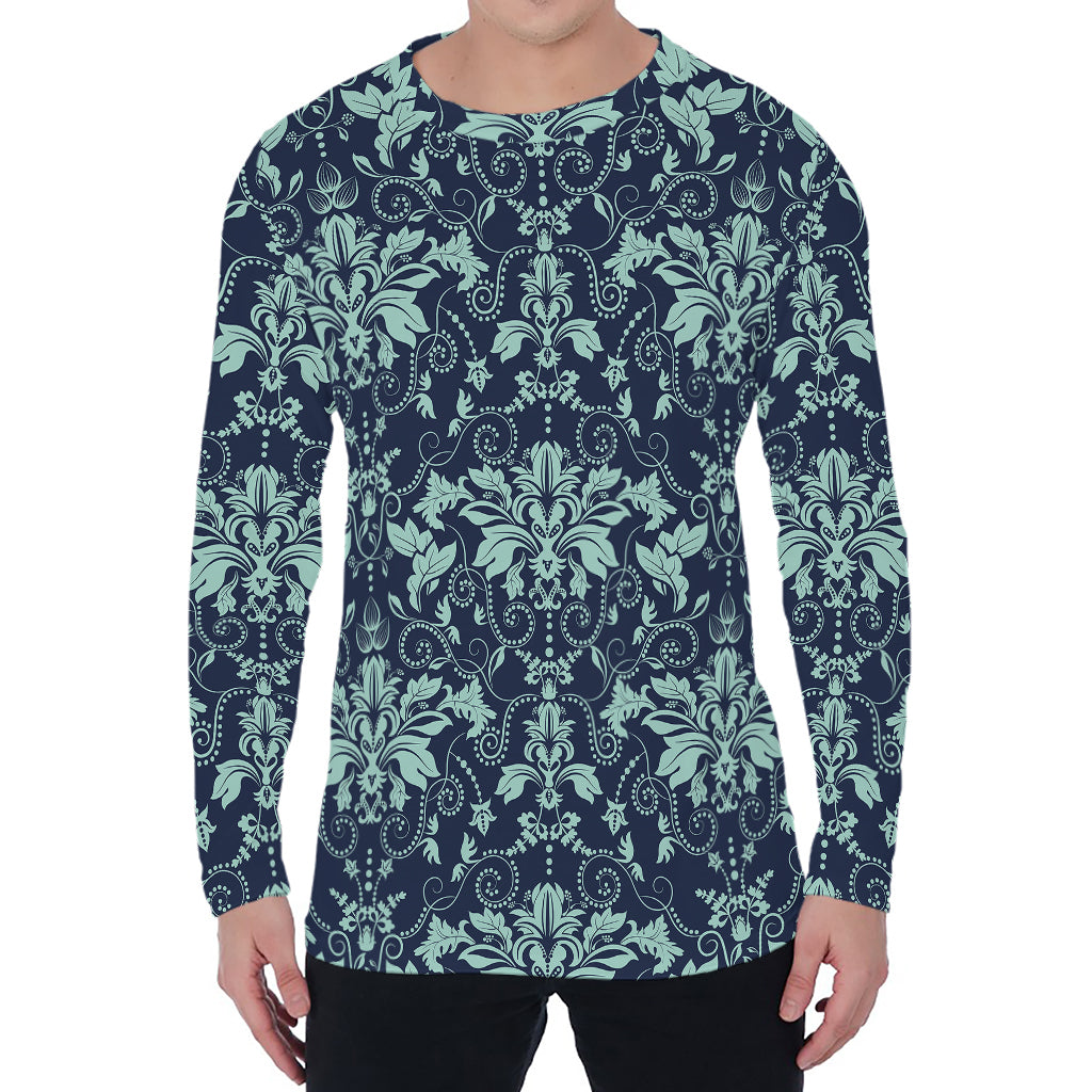 Blue And Teal Damask Pattern Print Men's Long Sleeve T-Shirt