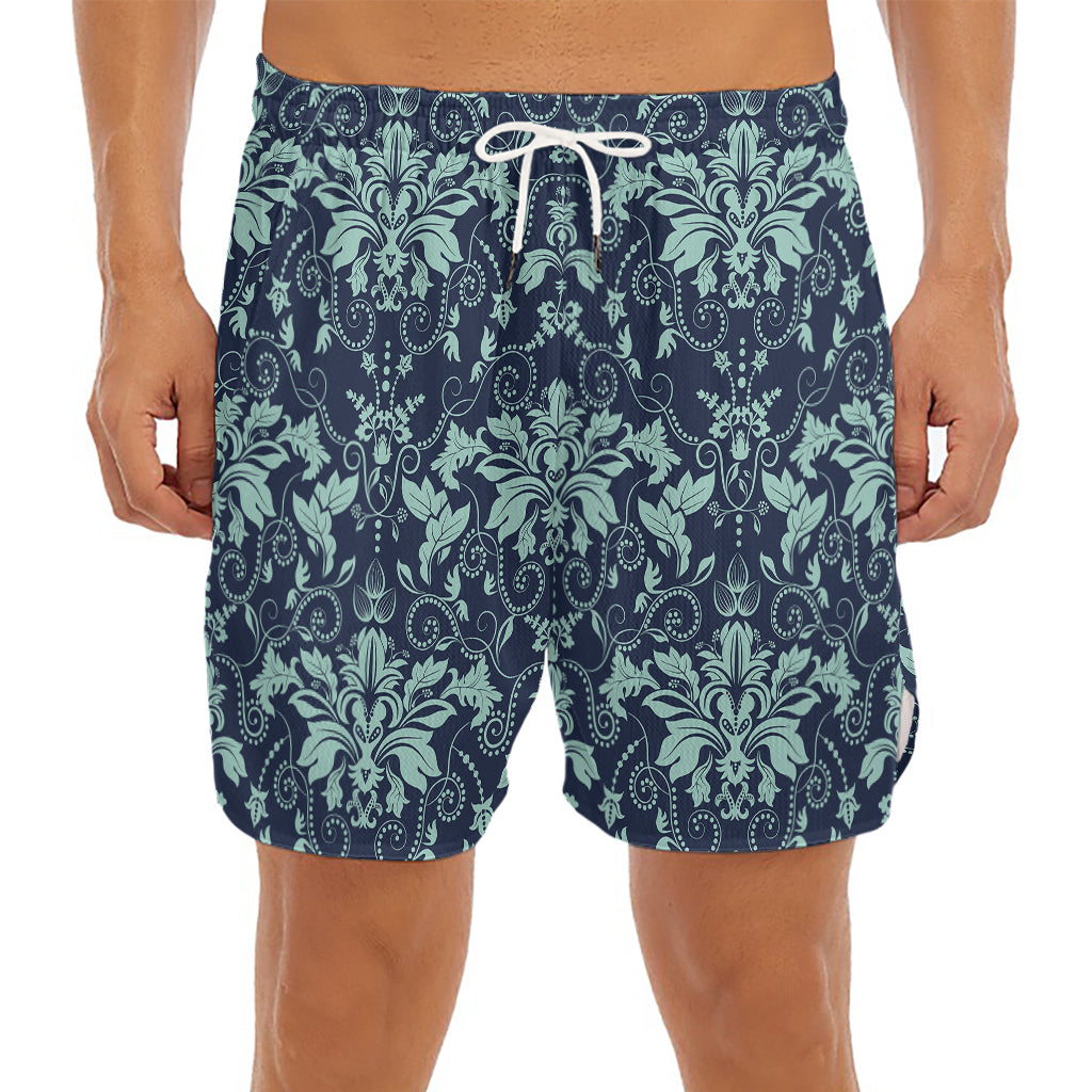 Blue And Teal Damask Pattern Print Men's Split Running Shorts