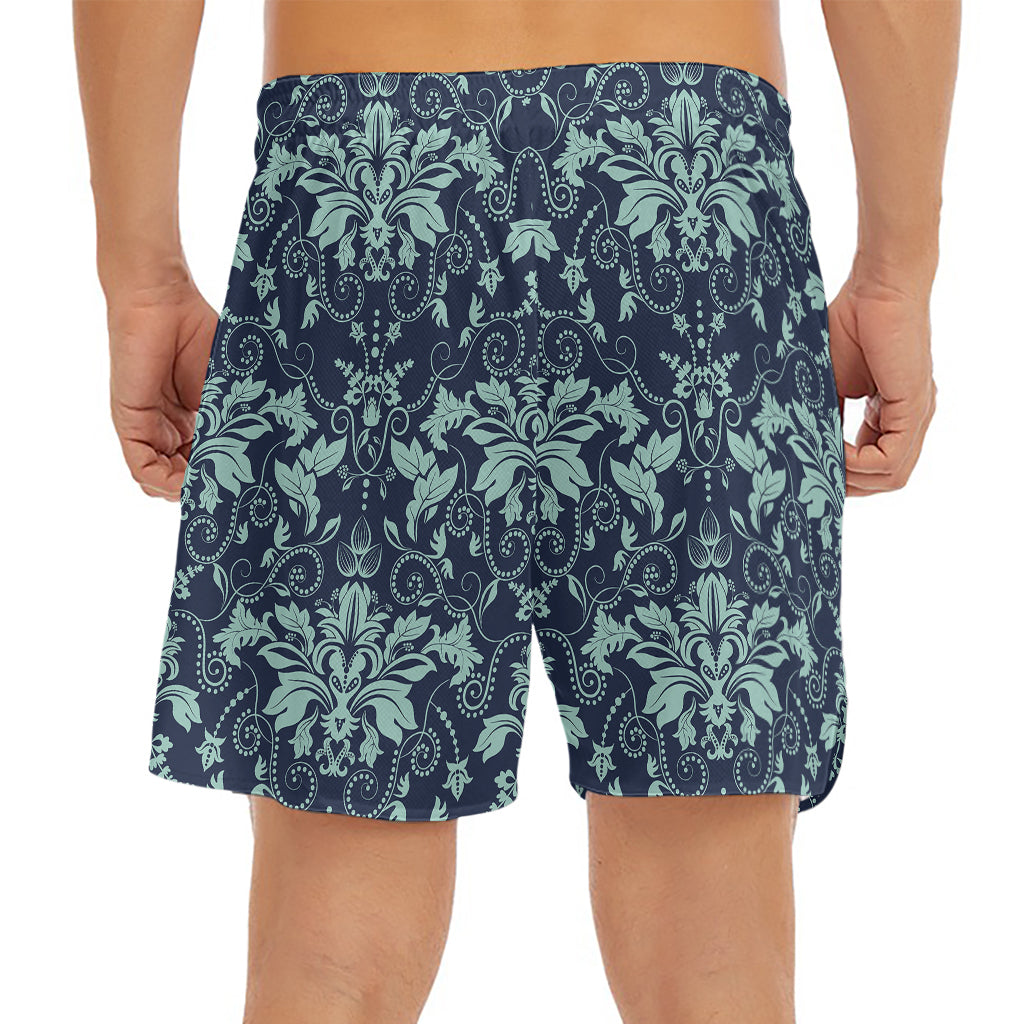 Blue And Teal Damask Pattern Print Men's Split Running Shorts
