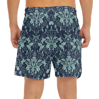 Blue And Teal Damask Pattern Print Men's Split Running Shorts