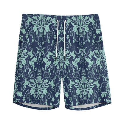 Blue And Teal Damask Pattern Print Men's Sports Shorts