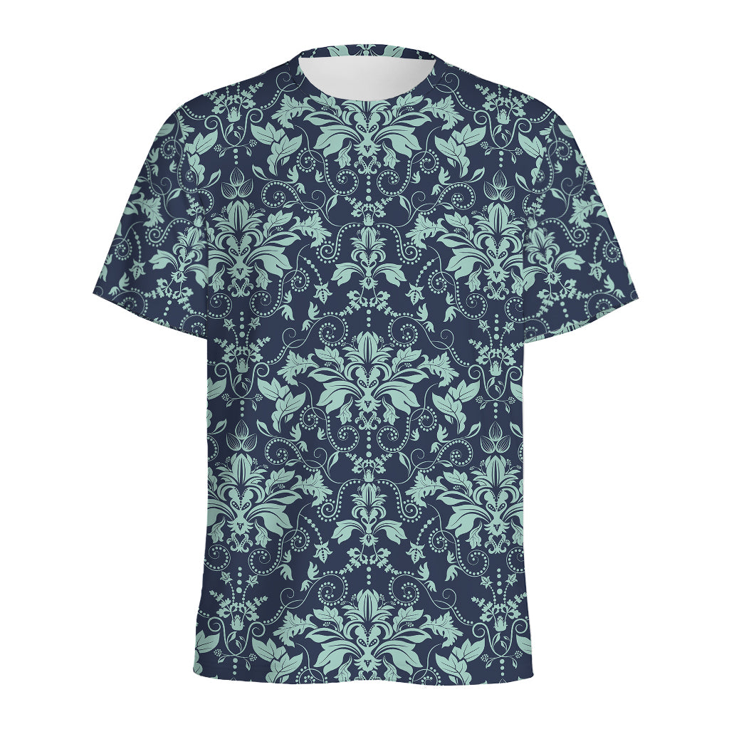 Blue And Teal Damask Pattern Print Men's Sports T-Shirt