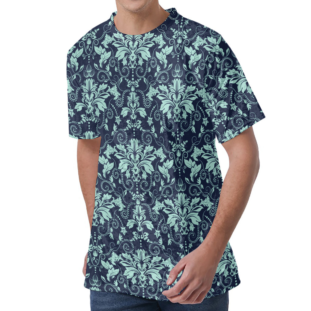 Blue And Teal Damask Pattern Print Men's Velvet T-Shirt