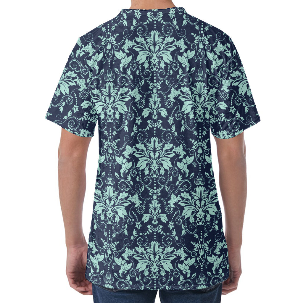Blue And Teal Damask Pattern Print Men's Velvet T-Shirt