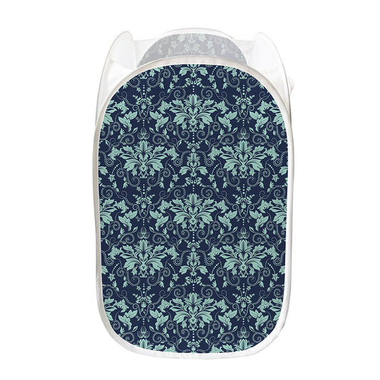 Blue And Teal Damask Pattern Print Mesh Laundry Hamper
