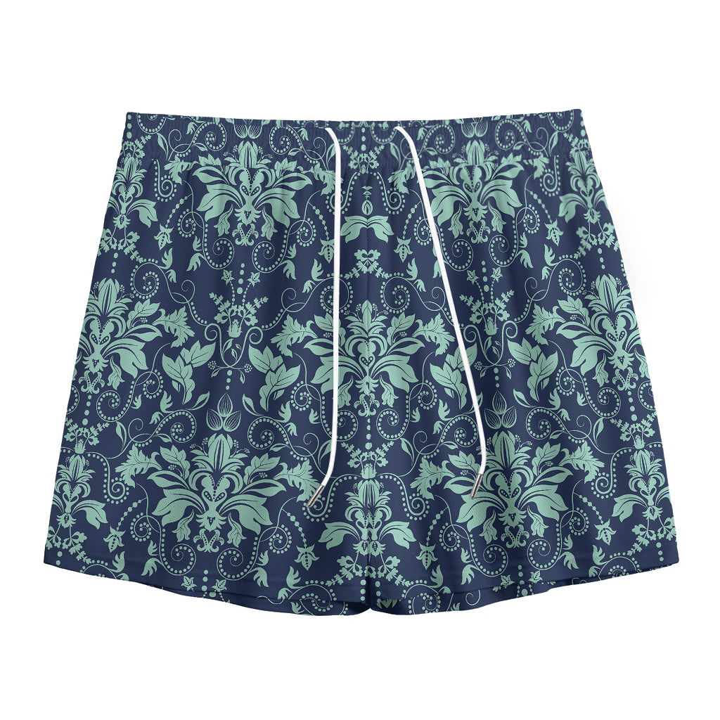 Blue And Teal Damask Pattern Print Mesh Shorts