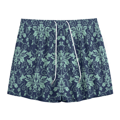 Blue And Teal Damask Pattern Print Mesh Shorts