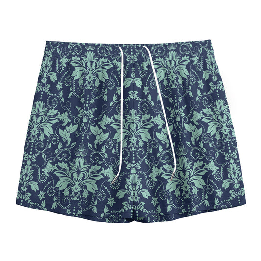 Blue And Teal Damask Pattern Print Mesh Shorts