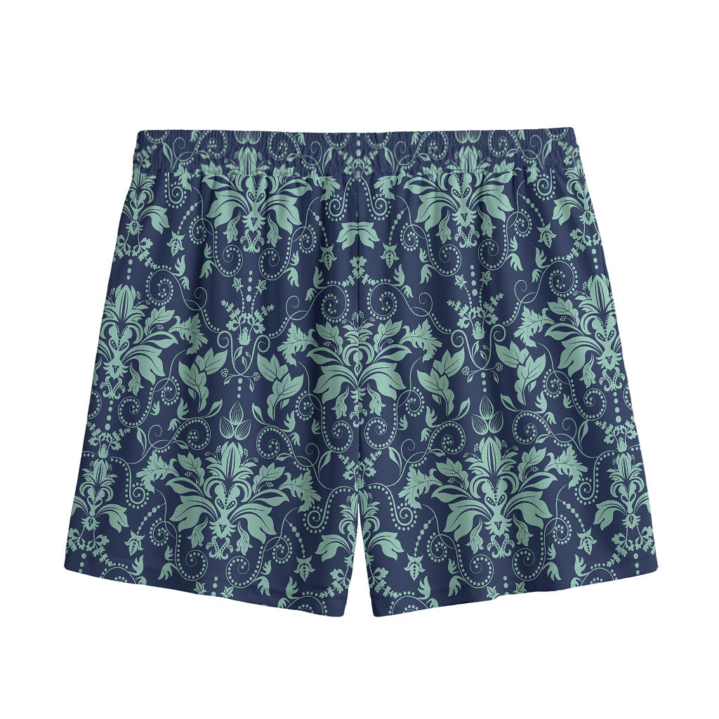Blue And Teal Damask Pattern Print Mesh Shorts