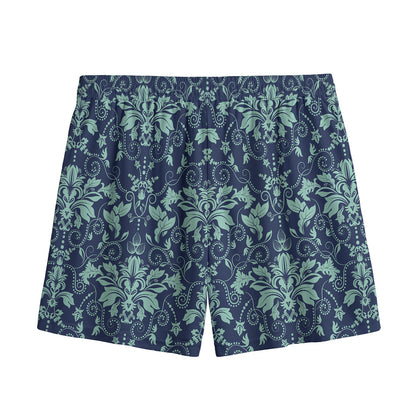 Blue And Teal Damask Pattern Print Mesh Shorts