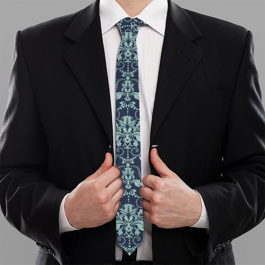 Blue And Teal Damask Pattern Print Necktie