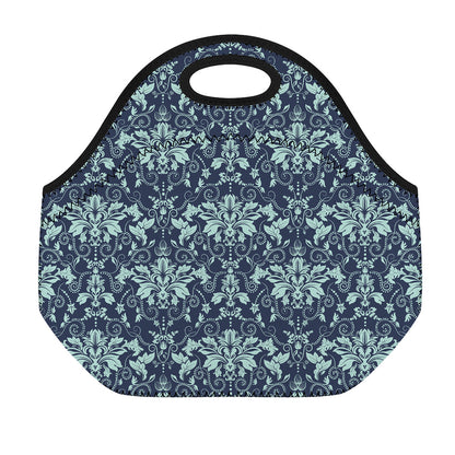 Blue And Teal Damask Pattern Print Neoprene Lunch Bag
