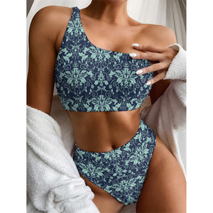 Blue And Teal Damask Pattern Print One Shoulder Bikini Top