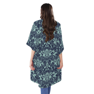 Blue And Teal Damask Pattern Print Open Front Beach Cover Up