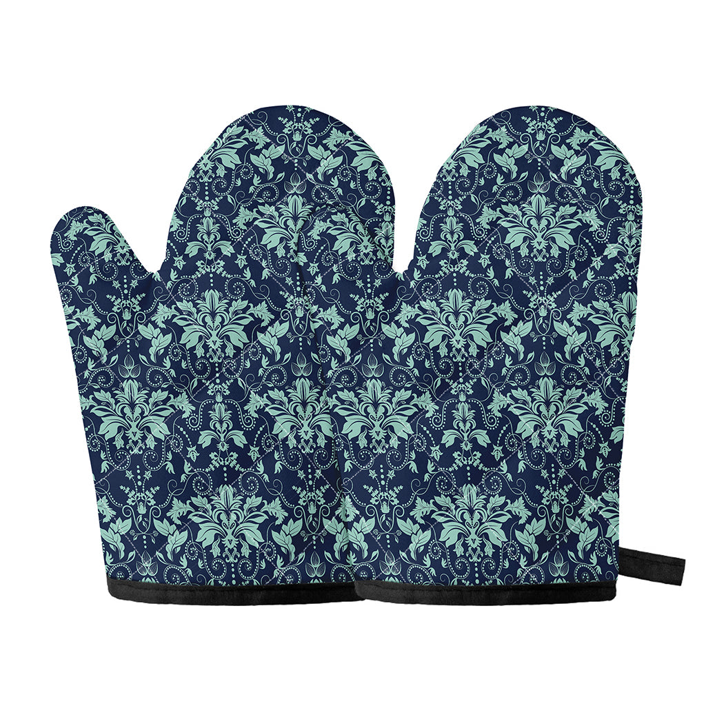 Blue And Teal Damask Pattern Print Oven Mitts
