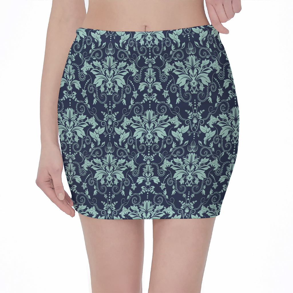 Blue And Teal Damask Pattern Print Pencil Mini Skirt