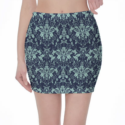 Blue And Teal Damask Pattern Print Pencil Mini Skirt